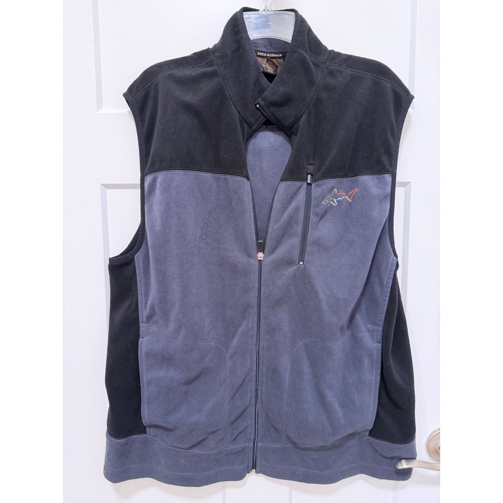Greg Norman for Tasso Elba Mens Fleece Vest Large Black Gray Full Zip Shark Logo